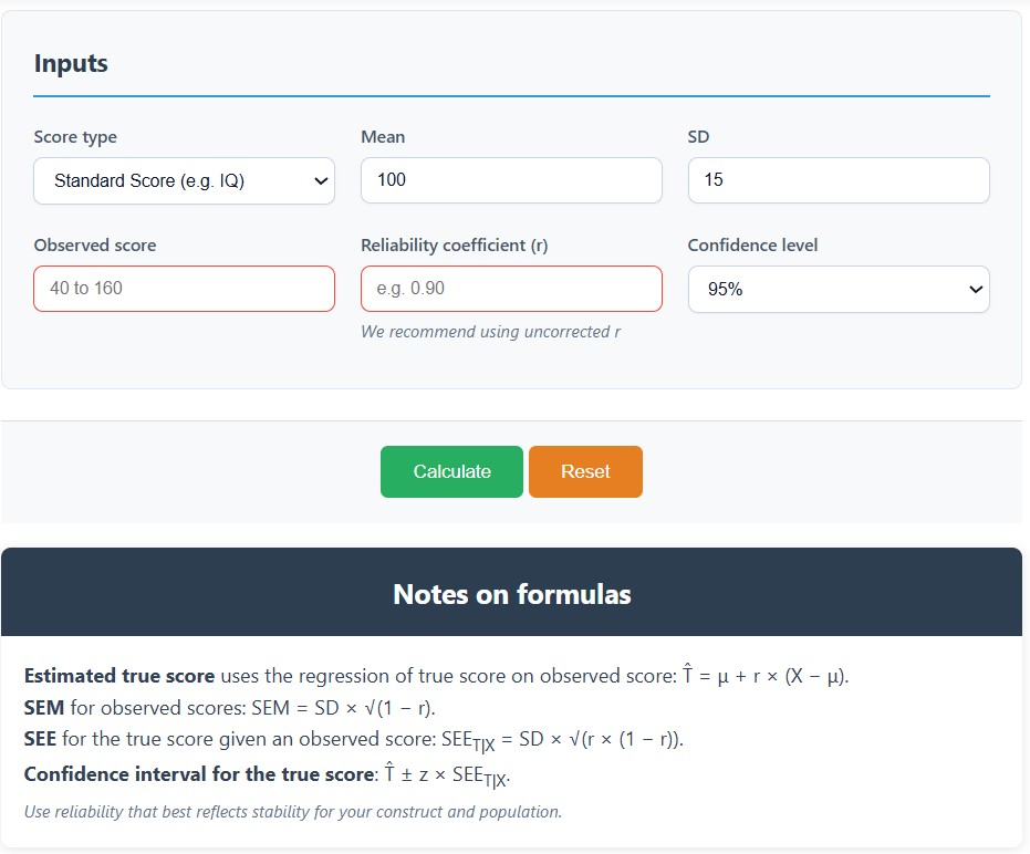 Estimated True Score Calculator (Any Test)